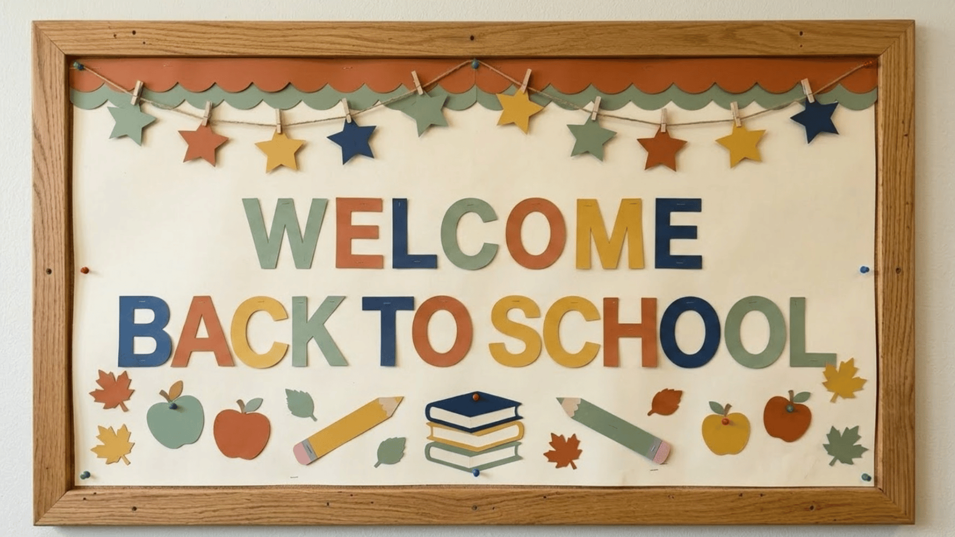 handmade welcome back to school bulletin board with colorful letters, stars, apples, pencils, books, and fall leaves