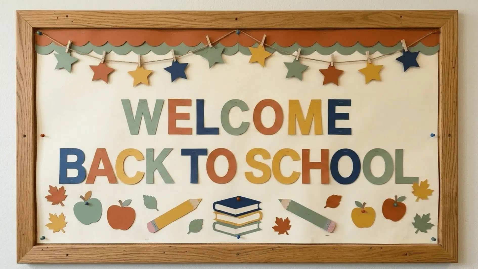 handmade welcome back to school bulletin board with colorful letters, stars, apples, pencils, books, and fall leaves