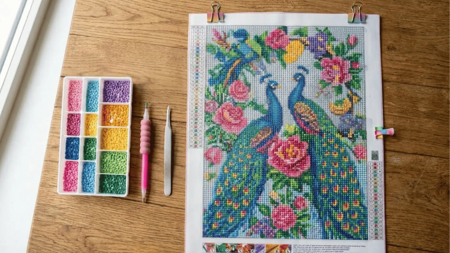 finished diamond painting of two peacocks surrounded by flowers, shown with a tray of colorful resin drills, an applicator pen, and tweezers on a wooden table