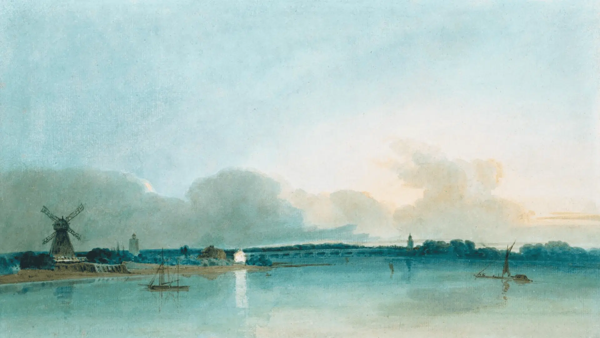 thomas girtin's the white house at chelsea showing a pale riverside building, boats, and a distant windmill