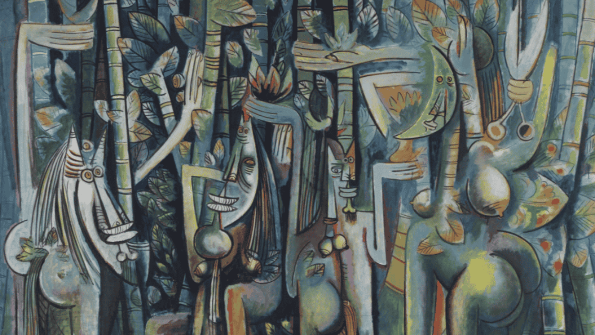 wifredo lam's the jungle showing tall hybrid figures among dense sugarcane, leaves, and tropical forms