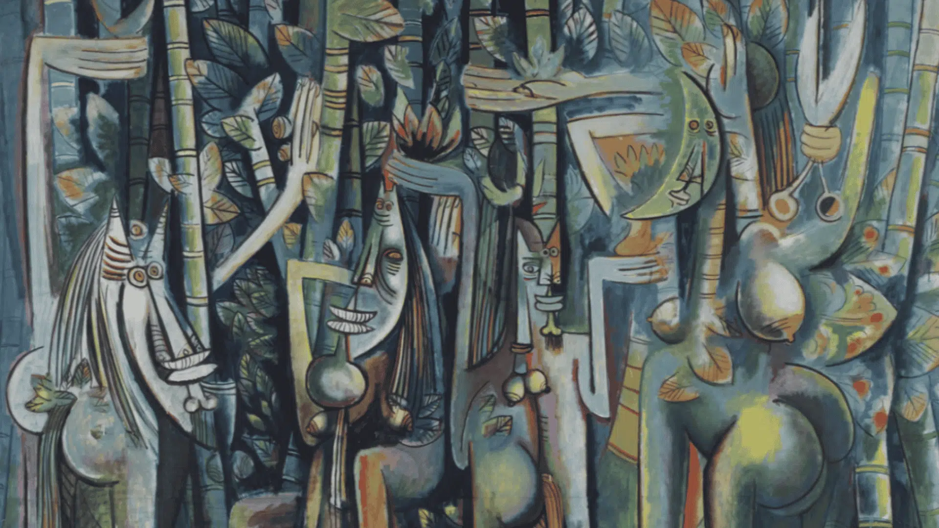 wifredo lam's the jungle showing tall hybrid figures among dense sugarcane, leaves, and tropical forms