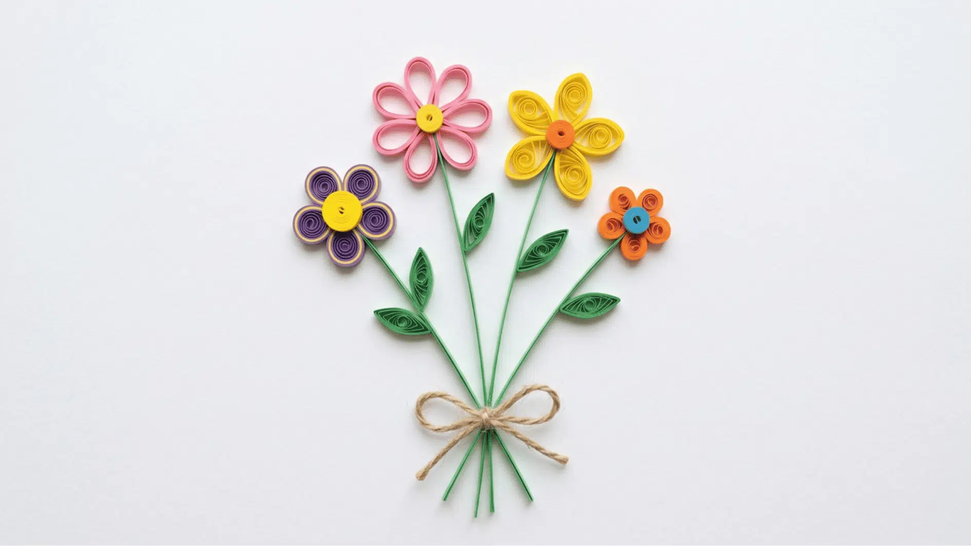 quilled paper flower bouquet in purple pink yellow and orange tied with twine bow on white background
