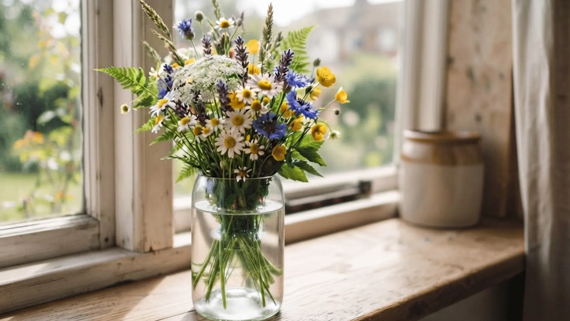 wildflowers arranged in a clear recycled bottle on a sunny windowsill