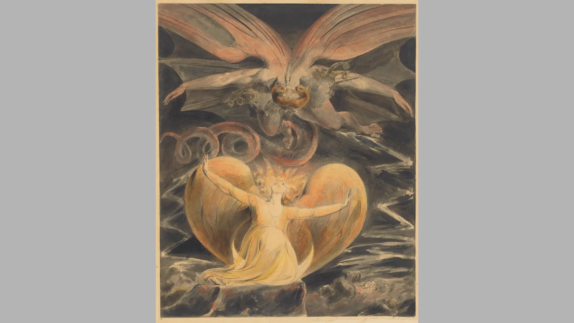 william blake’s great red dragon watercolor showing a winged dragon above a glowing woman against a dark sky.