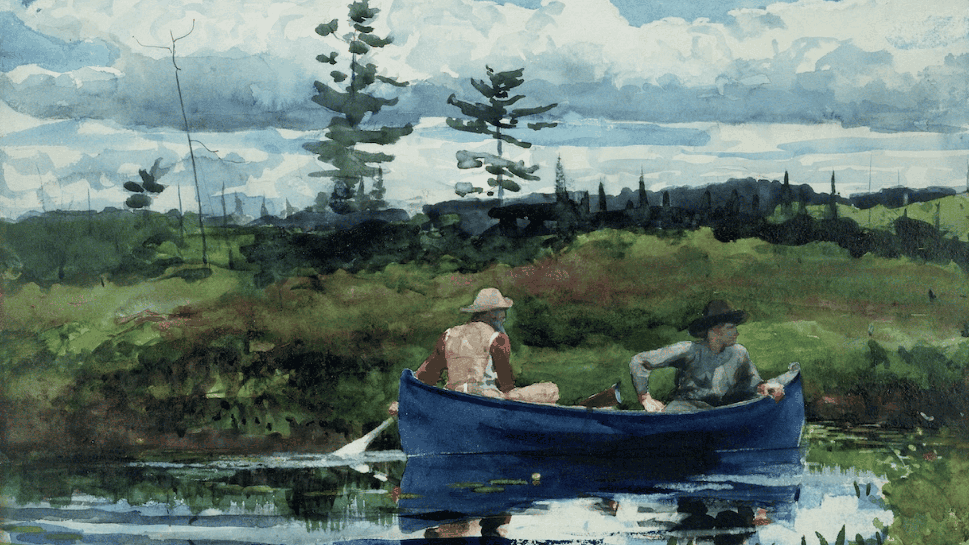 winslow homer’s the blue boat watercolor showing two figures in a blue boat on calm water amid green banks