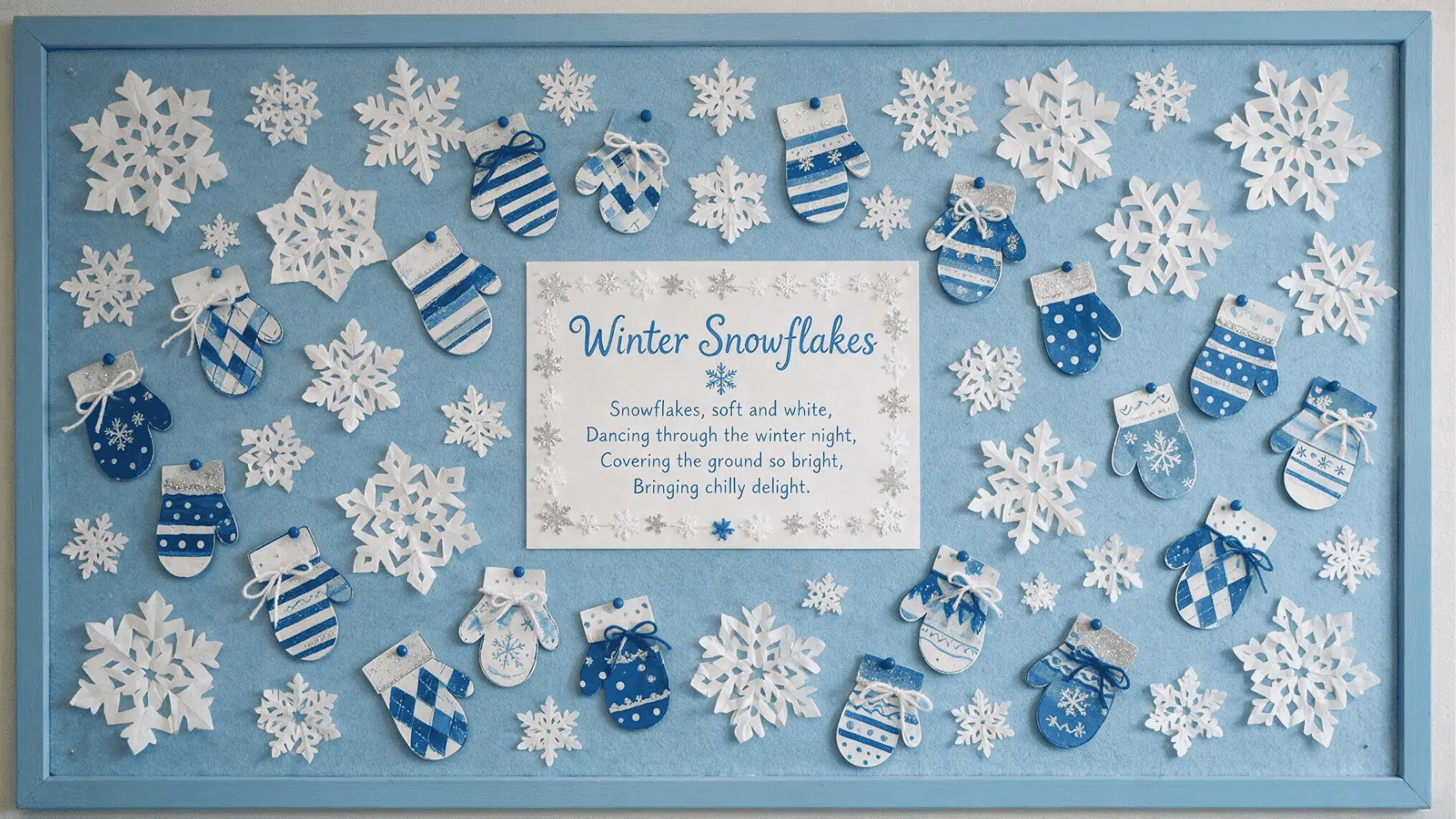 winter classroom bulletin board with handmade paper snowflakes, blue mittens, and a seasonal poem