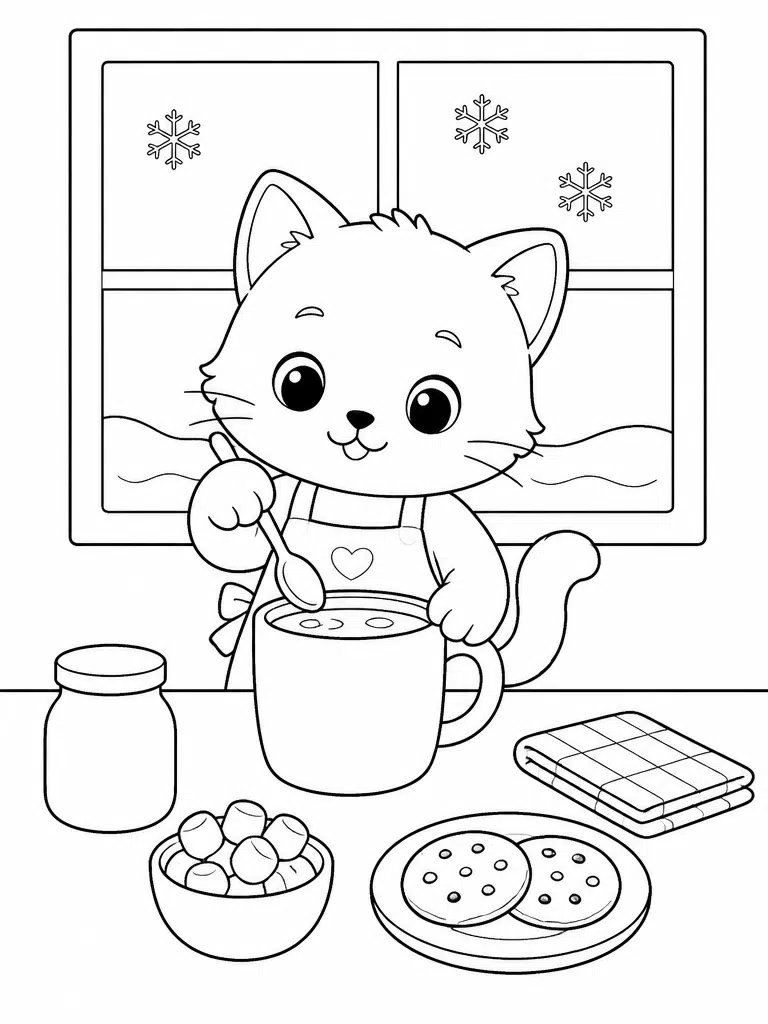 kitten preparing cocoa beside marshmallows cookies and a snowy window