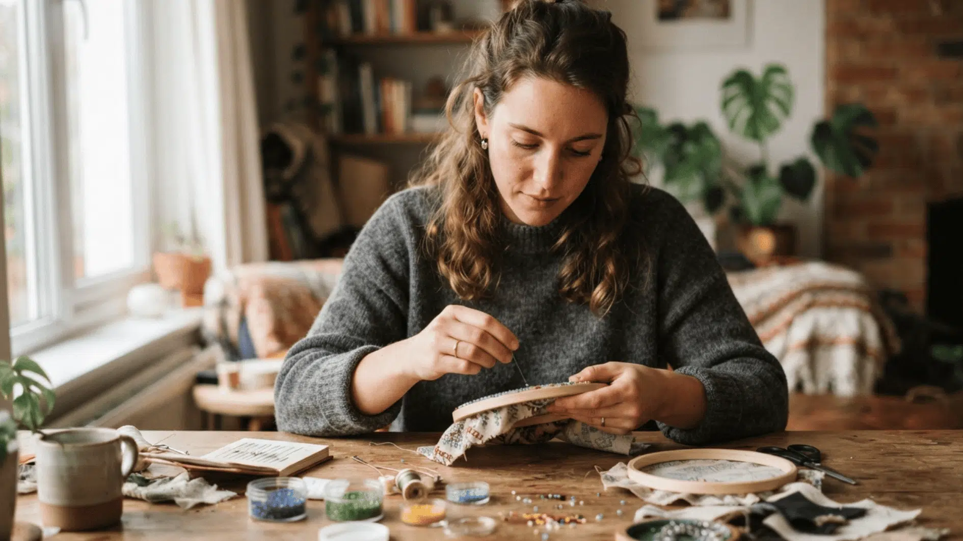 woman doing embroidery and beadwork at a wooden table in a cozy home craft space