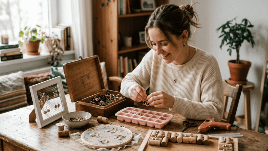 woman sorting earrings into diy holders like ice tray cork board and mesh frame at a wooden table