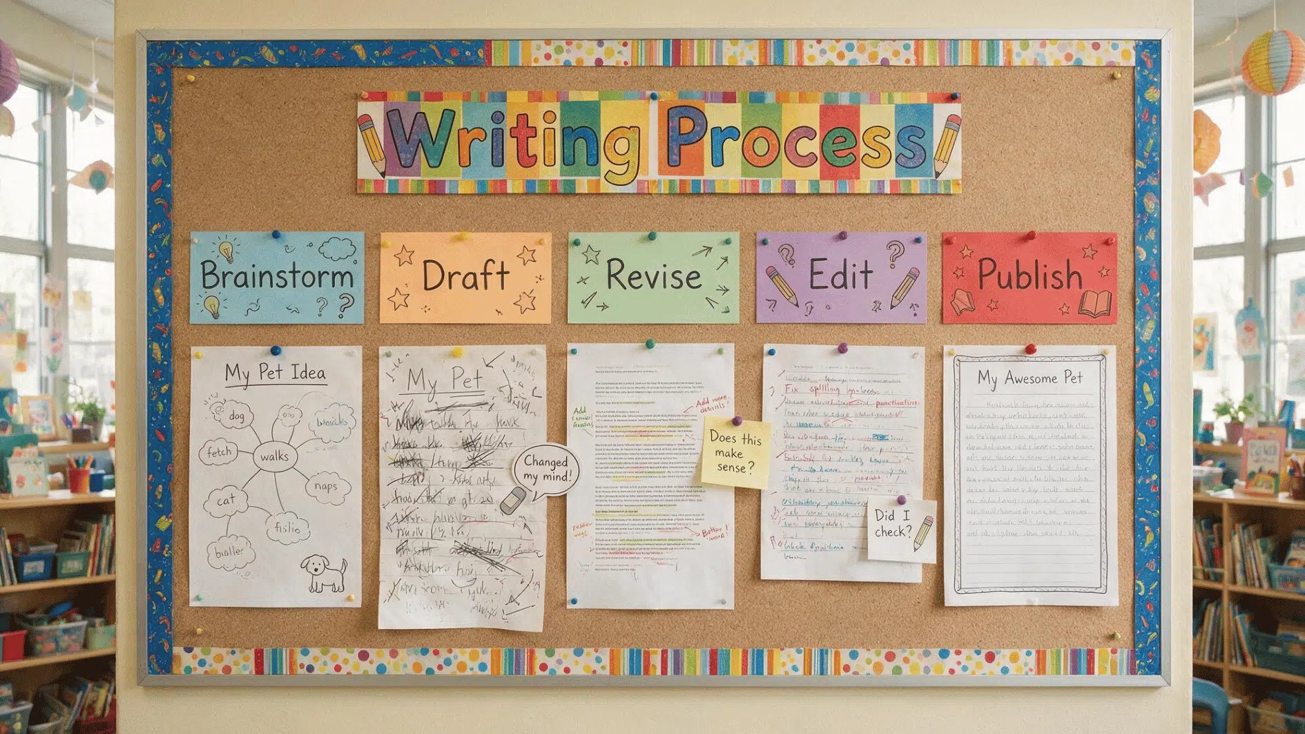 writing process bulletin board showing student examples for brainstorming, drafting, revising, editing, and publishing