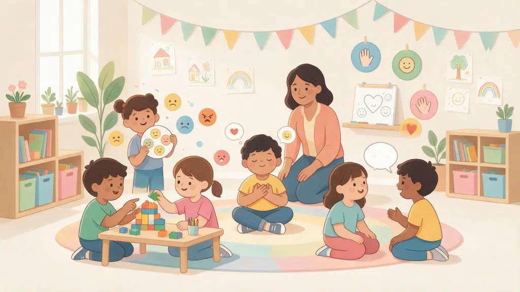 young children reads an illustrated activity booklet in a bright classroom.