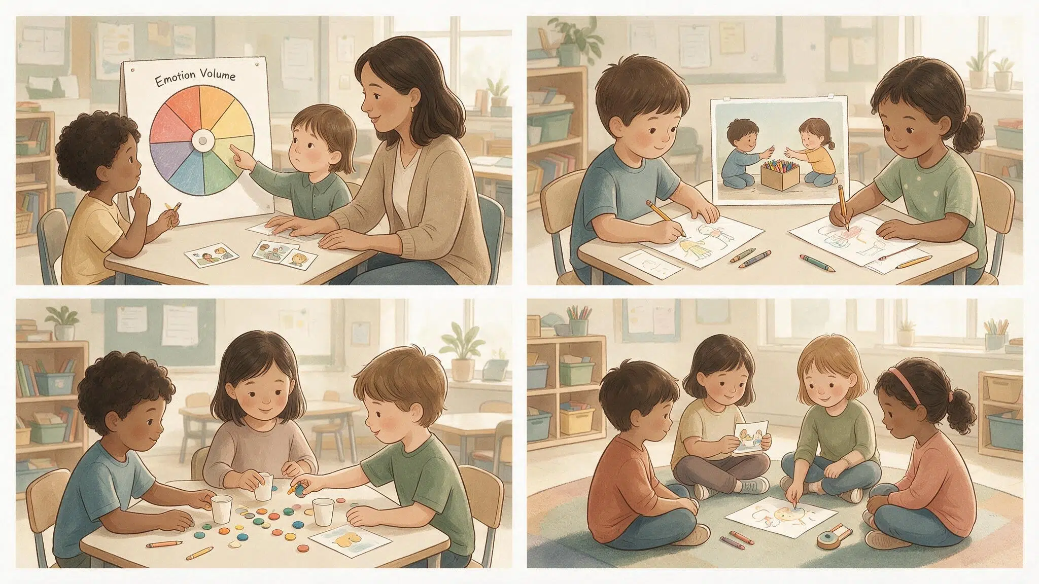 elementary students practice emotion awareness, fair sharing, perspective-taking, and group storytelling