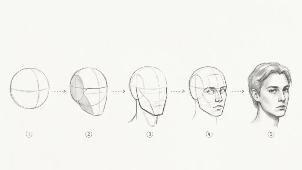 five step pencil sketch sequence showing a sphere evolving into a detailed portrait of a young man