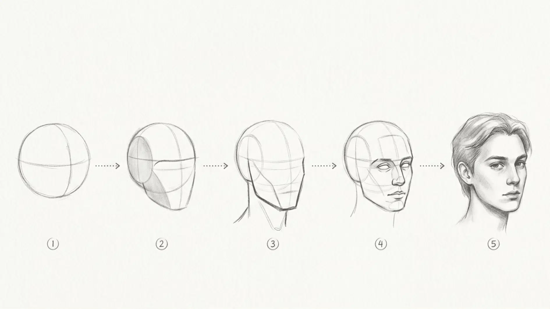 five step pencil sketch sequence showing a sphere evolving into a detailed portrait of a young man