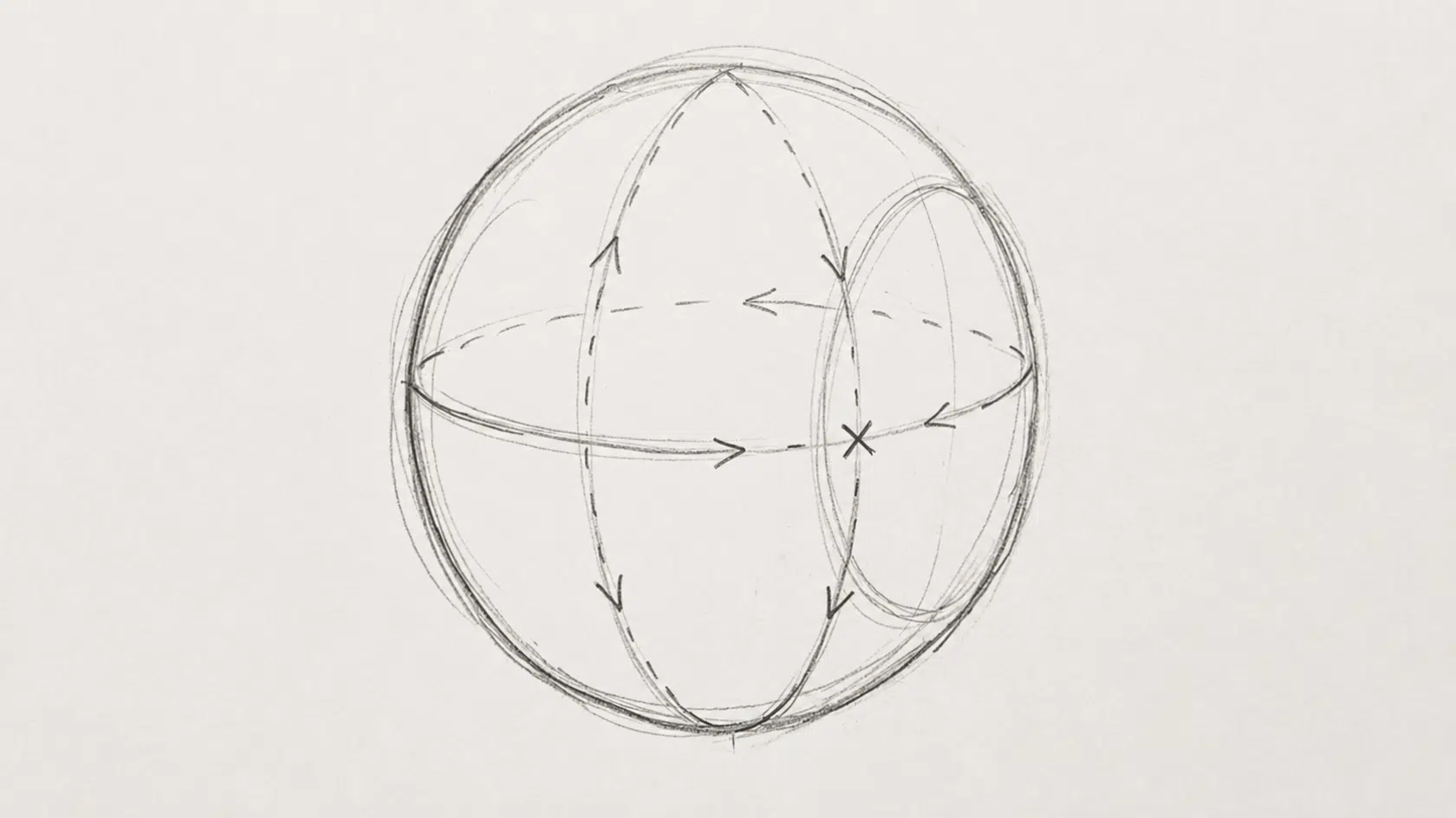 loomis method sphere with construction lines and directional arrows