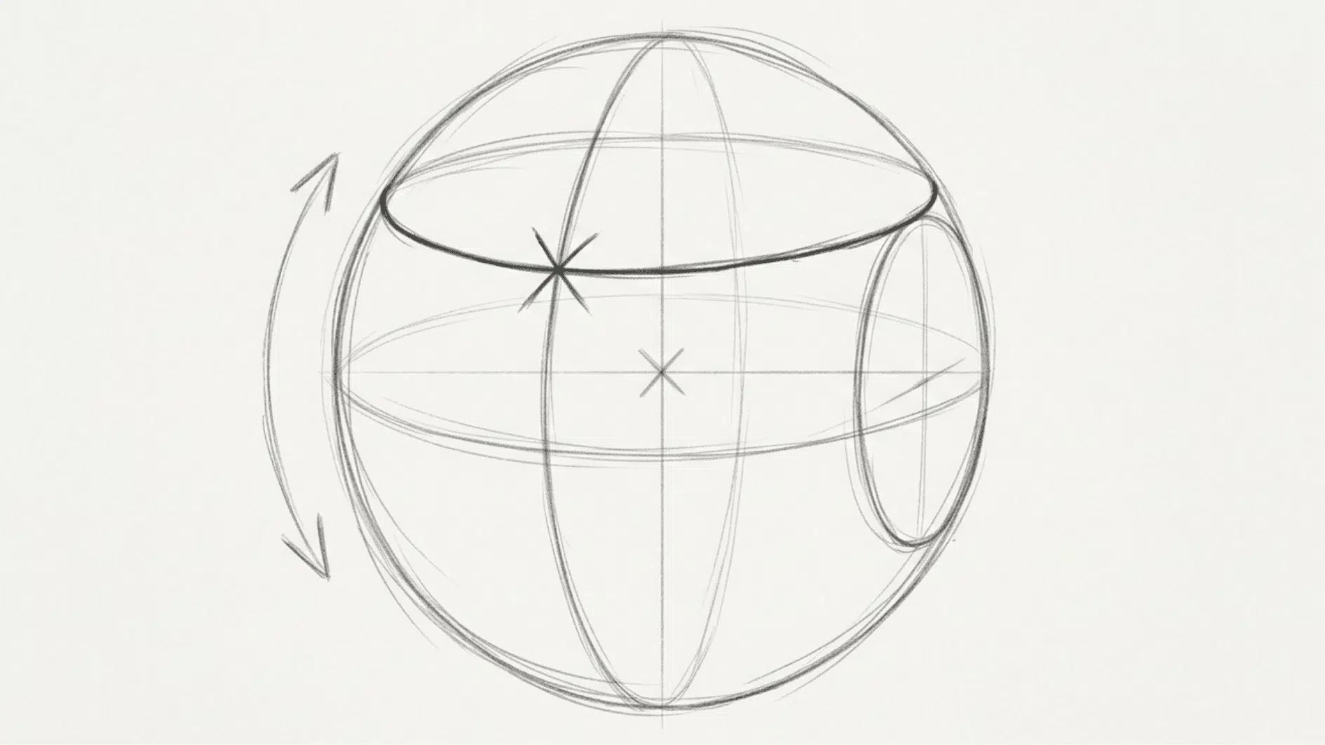 sketch of a sphere with a bold upper latitude line marked with an x and a curved arrow at the side