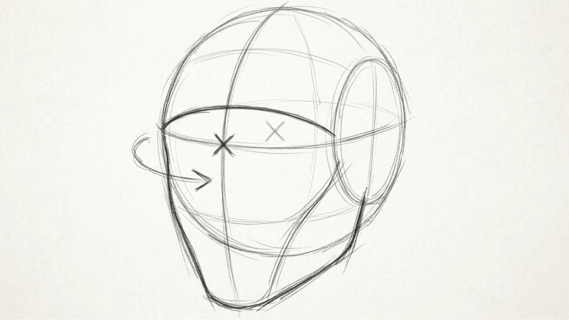 pencil sketch of a head shape emerging from a sphere with jawline added and guide marks for eye level