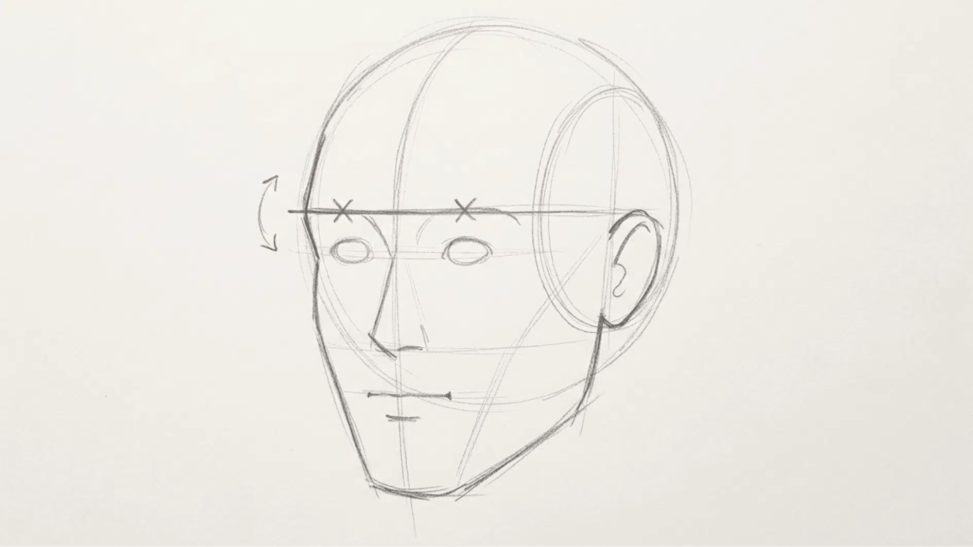 pencil sketch showing basic head construction lines and facial proportions for drawing practice